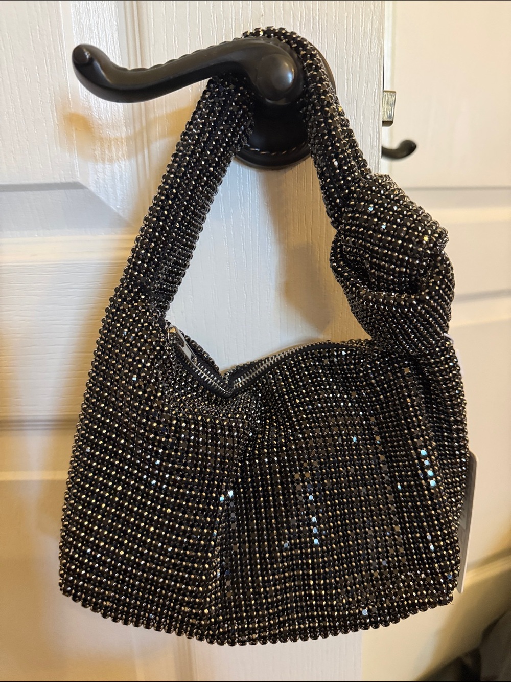 Brand New Urbane Black Crystal Mesh Knot-Handle Shoulder Bag